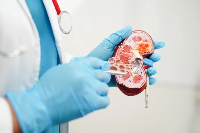 Medic prezintă un model anatomic al rinichiului
